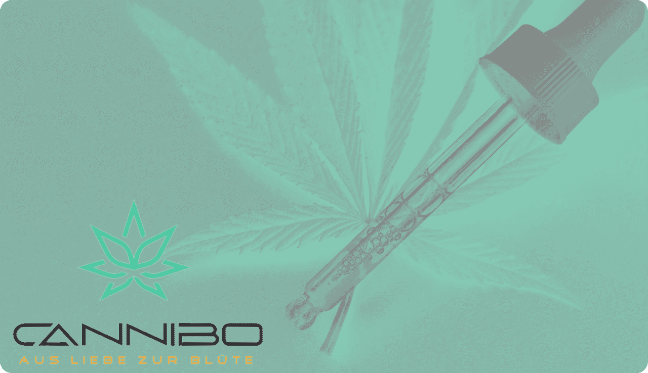 Cannabisblatt auf grünem Hintergrund, darüber eine Pipette für Extrakte